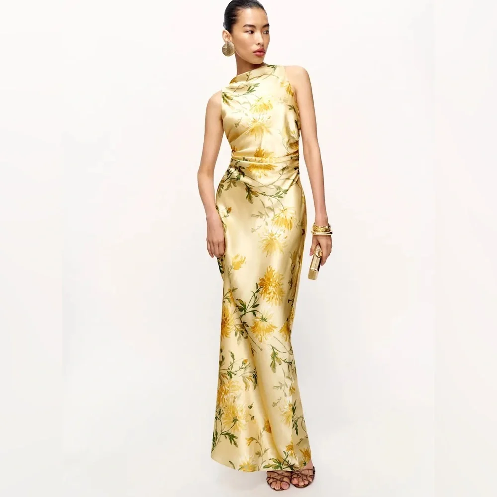 NEW Reformation Anaiis Long Backless Silk Dress Honeyglow Yellow Floral | US 2 - Picture 3 of 15